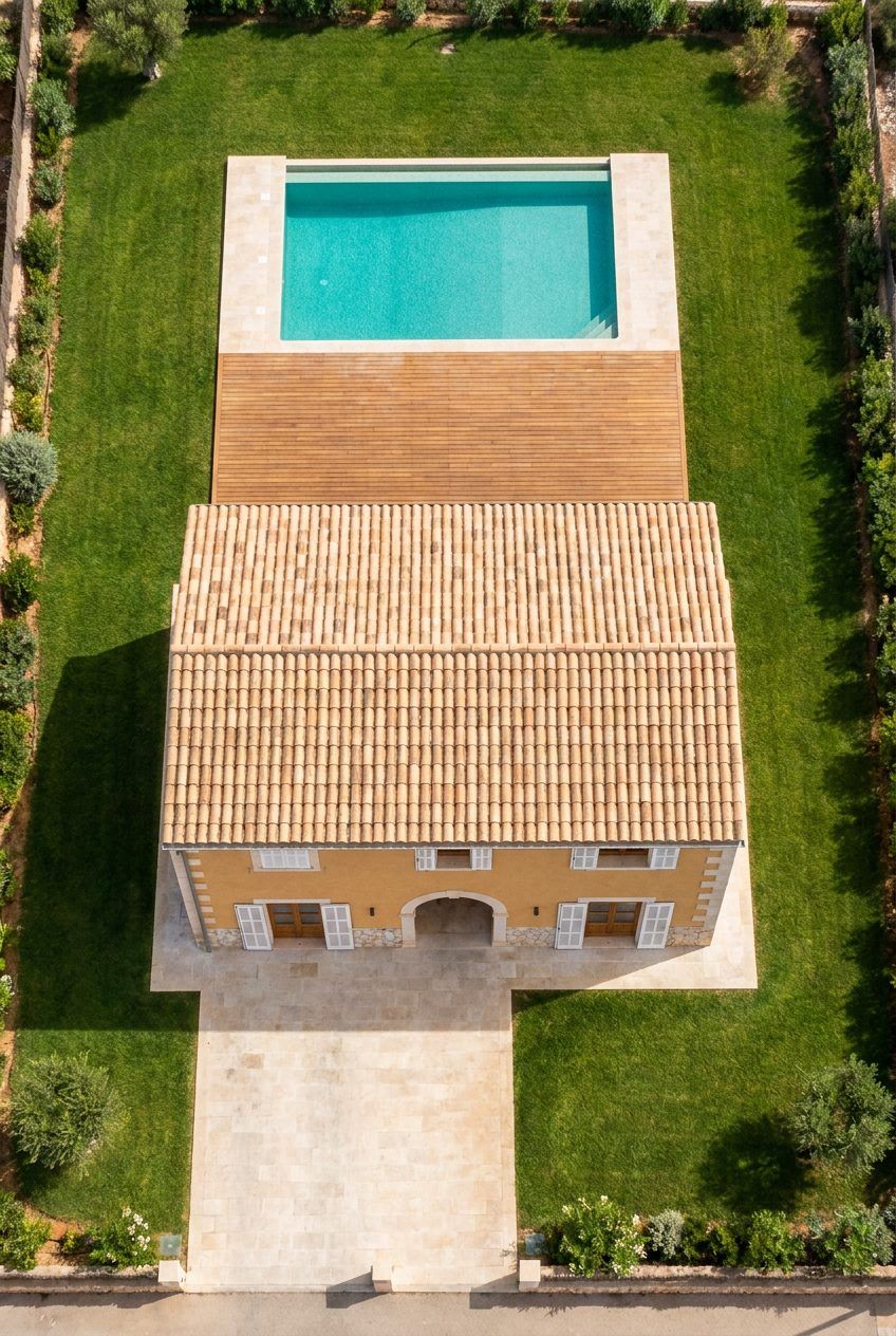 Vue de dessus de la maison sur son terrain