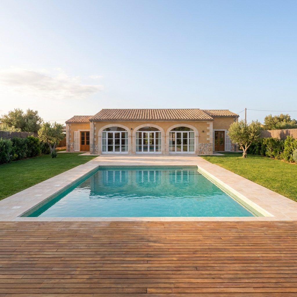 Maison méditerranéenne de plain-pied avec terrasse en bois et piscine